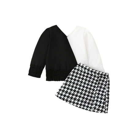 

Ma&Baby Girls Skirt Suit Black White Patchwork V-neck Long Sleeve Tops and Houndstooth Print Skirt 2Pcs Set