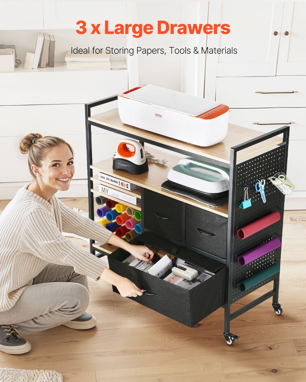 VEVOR Rolling Craft Cart and Storage Table, Compatible with Cricut Machines, Crafting Table Organization Workstation, Craft Rolling Storage Organizer with 20 Vinyl Roll Holders and 3 Drawers, Black