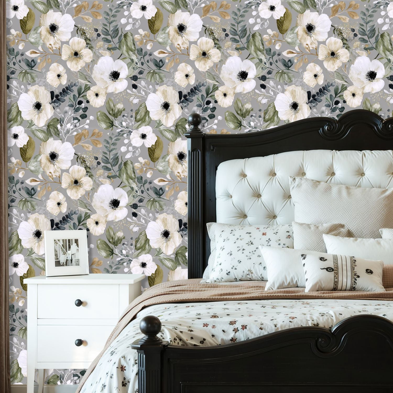 Peel and Stick Wallpaper 23.6in x 9.8ft Floral White Anemones Greenery Soft Gold Accents Grey Contact Paper Vinyl Self-Adhesive Removable Wall Paper for Bedroom Kitchen Cabinet Renter Friendly