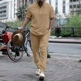 thumbnail image 2 of Fgnfyis Male Two Piece Solid Color Suit Button Down Short Sleeved Stand up Top and Oversized Trousers Combination Set Pants Sets Khaki XL, 2 of 9