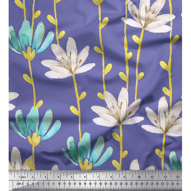 Soimoi polyester Crepe Fabric Leaves & Wild Flower Decor Fabric Printed Yard 42 Inch Wide