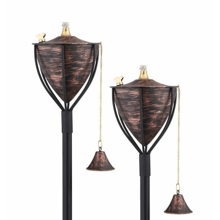 Legends Direct Set of 2  Premium Metal  Amsterdam Series Bowl Outdoor Torches Tiki Style /w Snuffer  Fiberglass Wick & Large 32oz Oil Lamp- 54  Tall Oil Torches (Brushed Bronze)