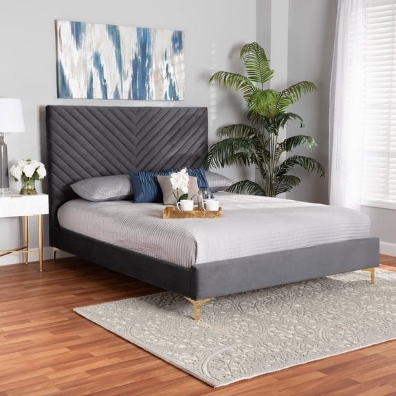 Baxton Studio Fabrico Gray Velvet Fabric and Gold Metal King Size Platform Bed