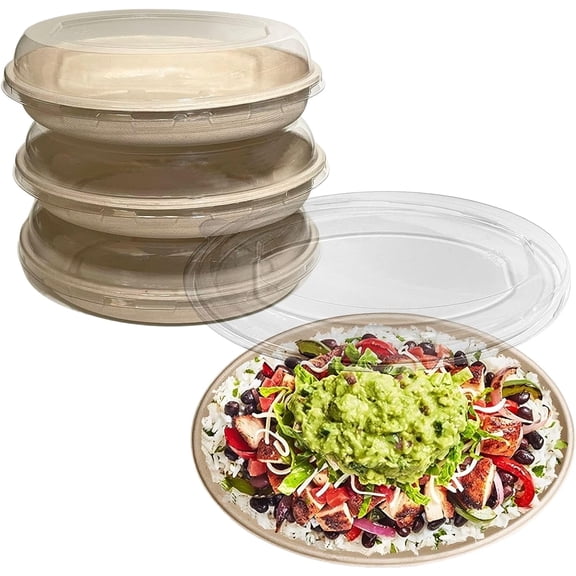 EcoQuality 32 oz Natural Bagasse Oval Bowl, White, Fiber, With Lid, 25 Pack