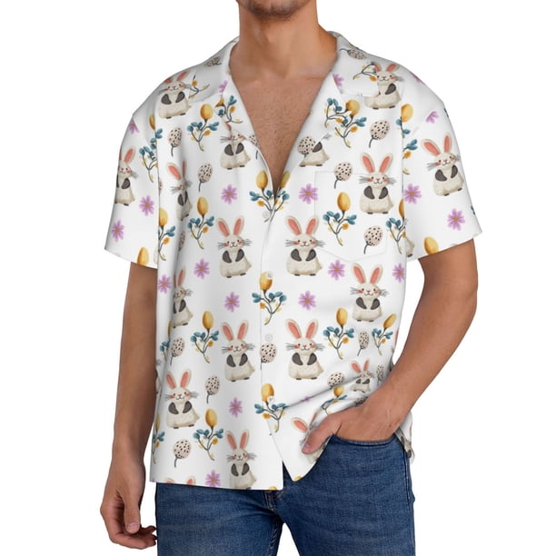 Balery easter Camisa Casual de Manga Corta con Botones para Hombre, Texturizada, Estilo Cubano, para Playa, Verano-Small