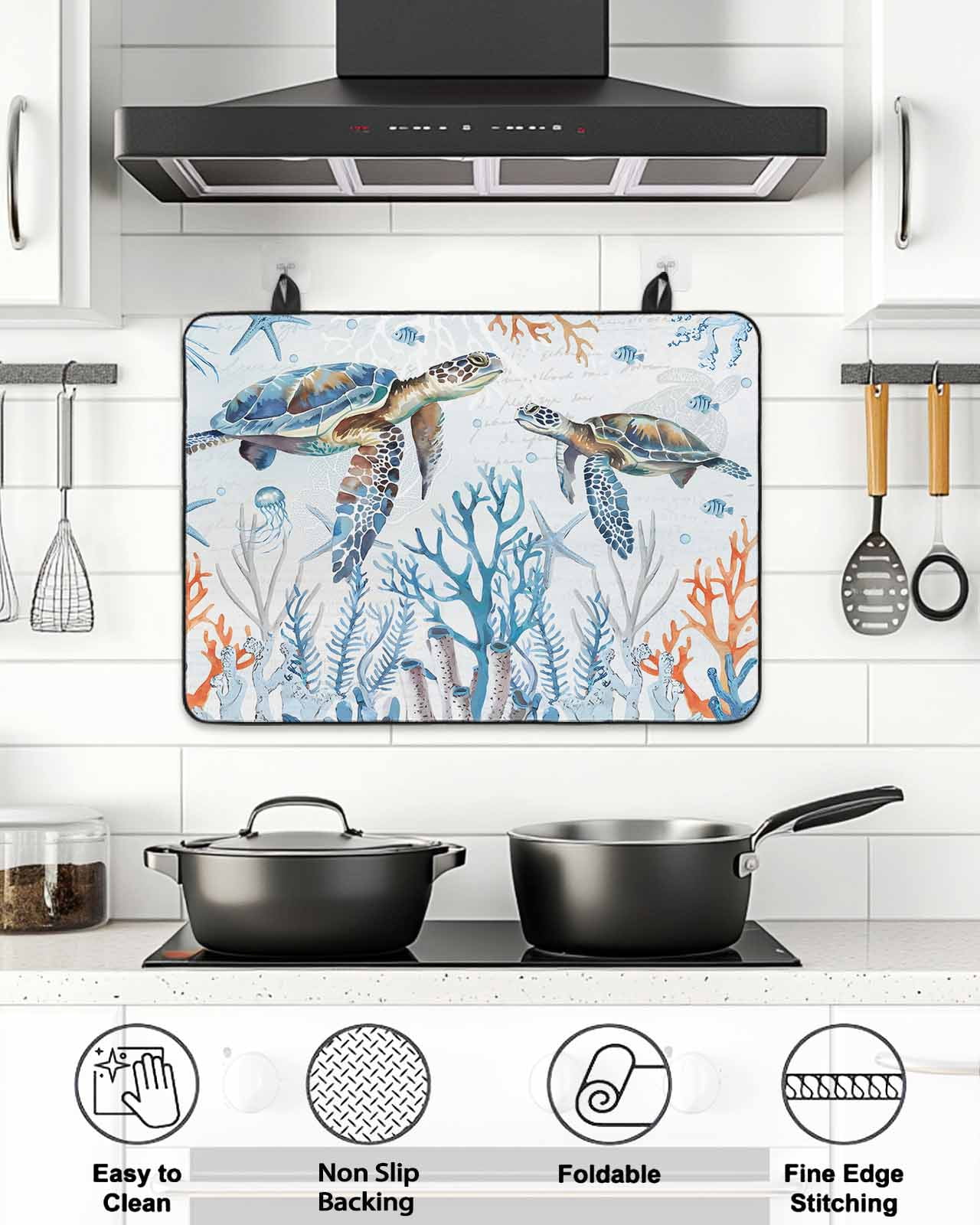 Stove Top Covers for Electric Stove, Ocean Turtle Glass Stovetop Cover Protector, Blue Coastal Coral Starfish Seagrass Induction Cooktop Protector Oven Mat for Kitchen Countertop 31"x24"