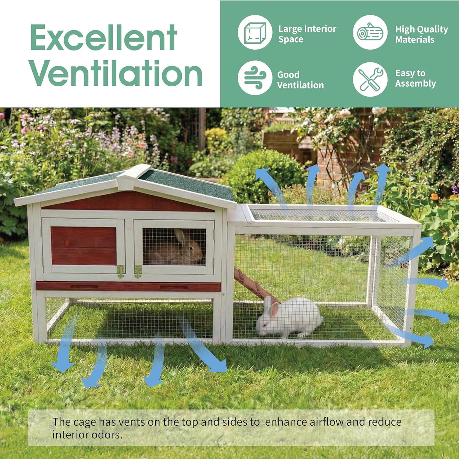Gaderth Rabbit Hutch, 60in 2-Story Wooden Stable Bunny Cage Indoor/Outdoor with Removable Wire Netting and Weatherproof Leak Proof Tray Anti-Chew Metal Frame Ramp for Small Animals