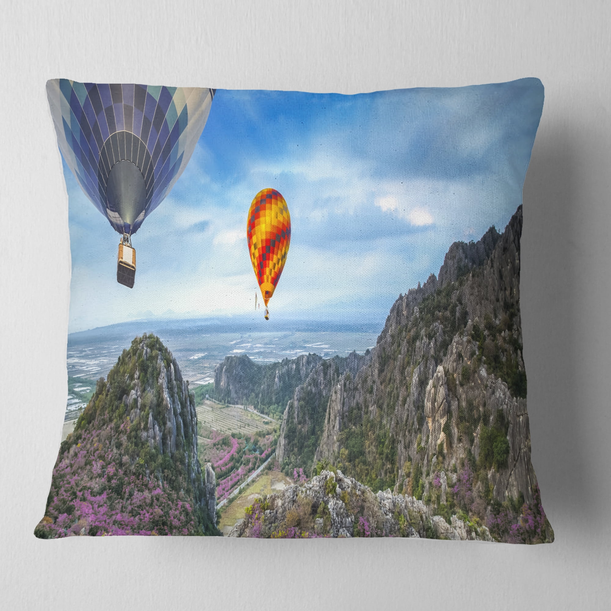 Designart Mountains and Balloon Landscape - Photography Throw Pillow - 18x18