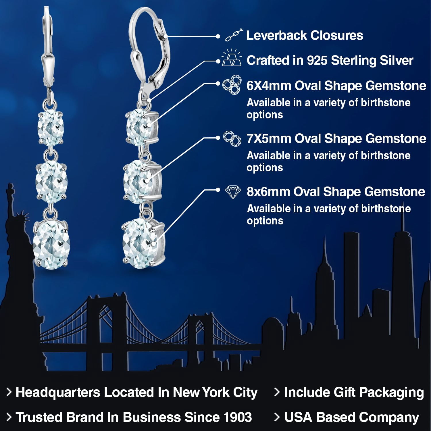 Gem Stone King 925 Sterling Silver Sky Blue Aquamarine 3 Stone Dangle Earrings for Women (4.90 Cttw, Gemstone March Birthstone, Oval 8X6MM, 7X5MM and 6X4MM)