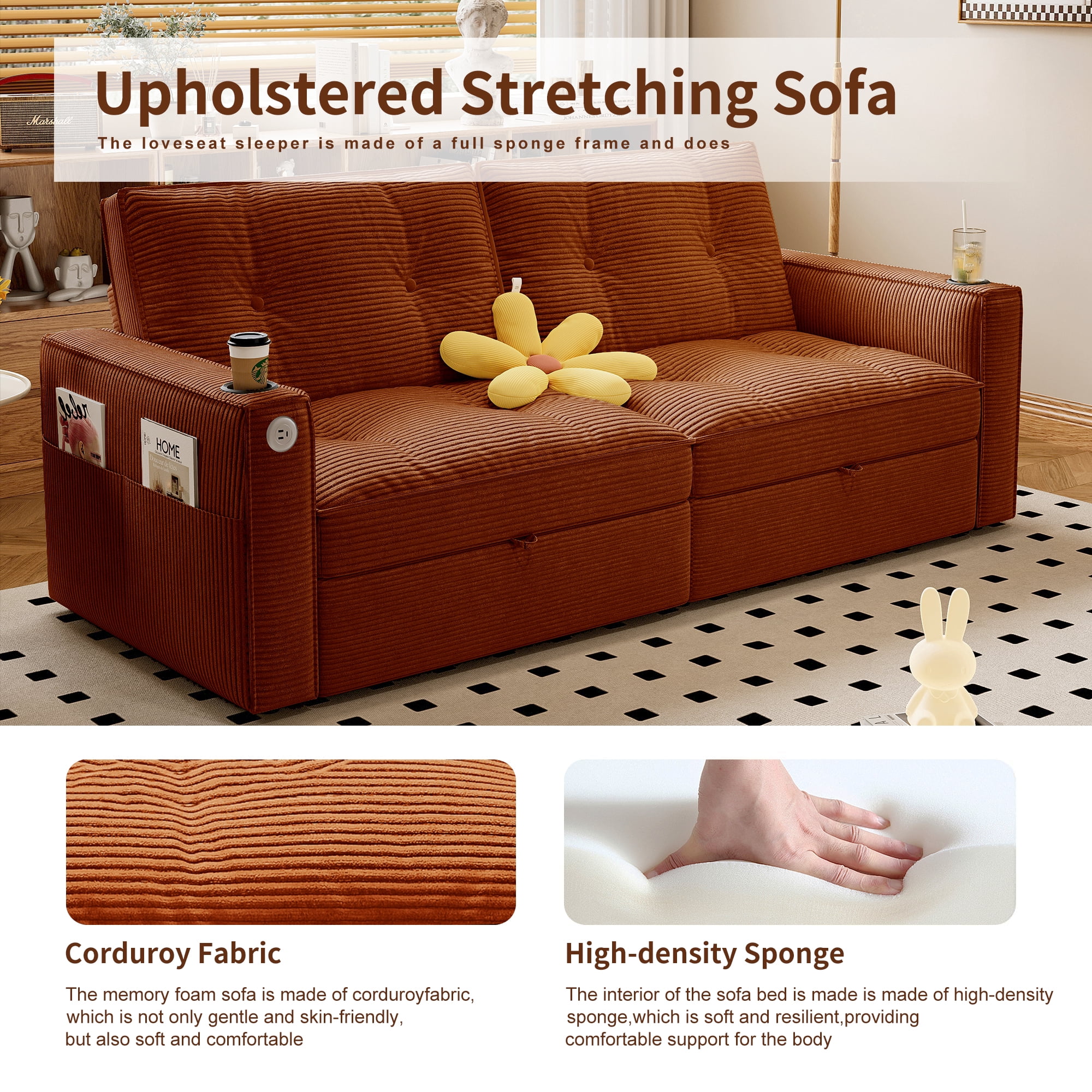 LLappuil 73" Pull Out Sofa Bed Queen Size, Loveseat Sofa Convertible Sleeper Sofa Bed, Corduroy Sofa Couch for Living Room Orange