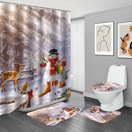 ZHANZZK Merry Christmas Hat Snowmen 4 Piece Bathroom Set Shower Curtain Bath Rug Contour Mat and Toilet Lid Cover