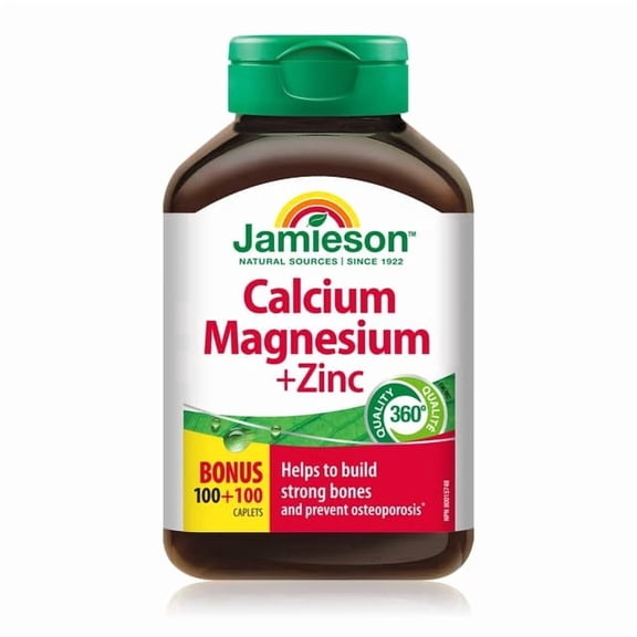 Jamieson Calcium Magnesium Zinc Caplets, Bone & Muscle Support Supplement, 2:1 Ratio, 200 Count