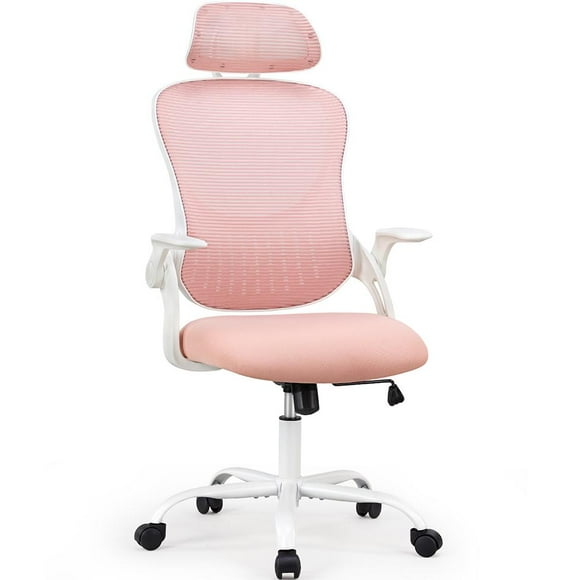 EDX Ergonomic Mesh Office Chair, Adjustable Height with Lumbar Support, Flipped up Armrests, Headrest, Pink