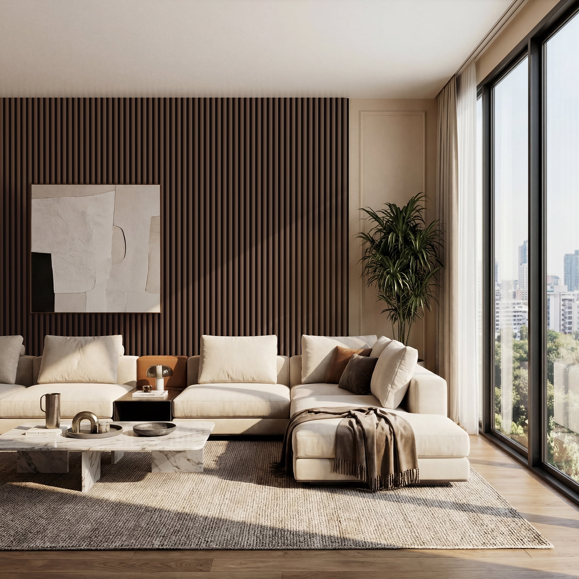 Fahomiss Half-Round Fluted Acoustic Wood Slat Wall Panels 4-Pack 47"x24", Walnut 3D Soundproof