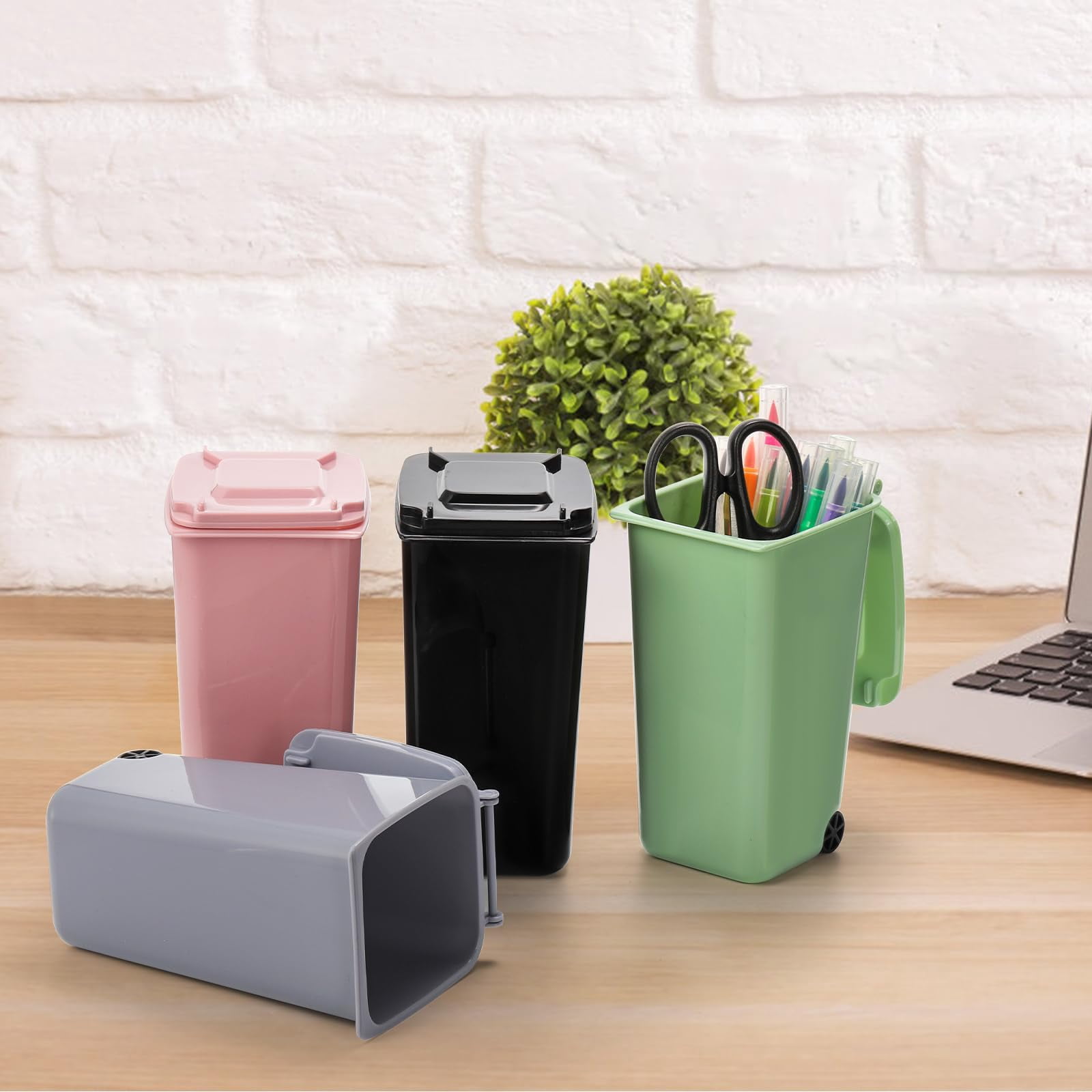 12 Pack Mini Desk Trash Can, 22 OZ Tiny Curbside Garbage Bin with Lid, Small Plastic Desktop Wastebasket, Unique Office Pen Holder Pencil Cup