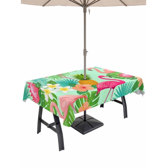 Outdoor Tablecloth with Umbrella Hole for Patio/Picnic/Party/Camping, Pink Flamingo Waterproof Table Cloth Rectangle Table Cover Washable, Summer Botanical Tropical Floral (54"x 80")