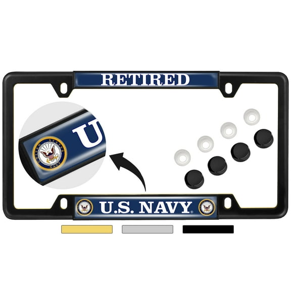 [Officially Licensed Product] - U.S. Navy Retired with Eagle, Anchor Logo - Domed Custom-Made Personalized Narrow (Thin) Top 4 Hole Metal Car License Plate Frame with Free caps - Black (Qty:1 Frame)