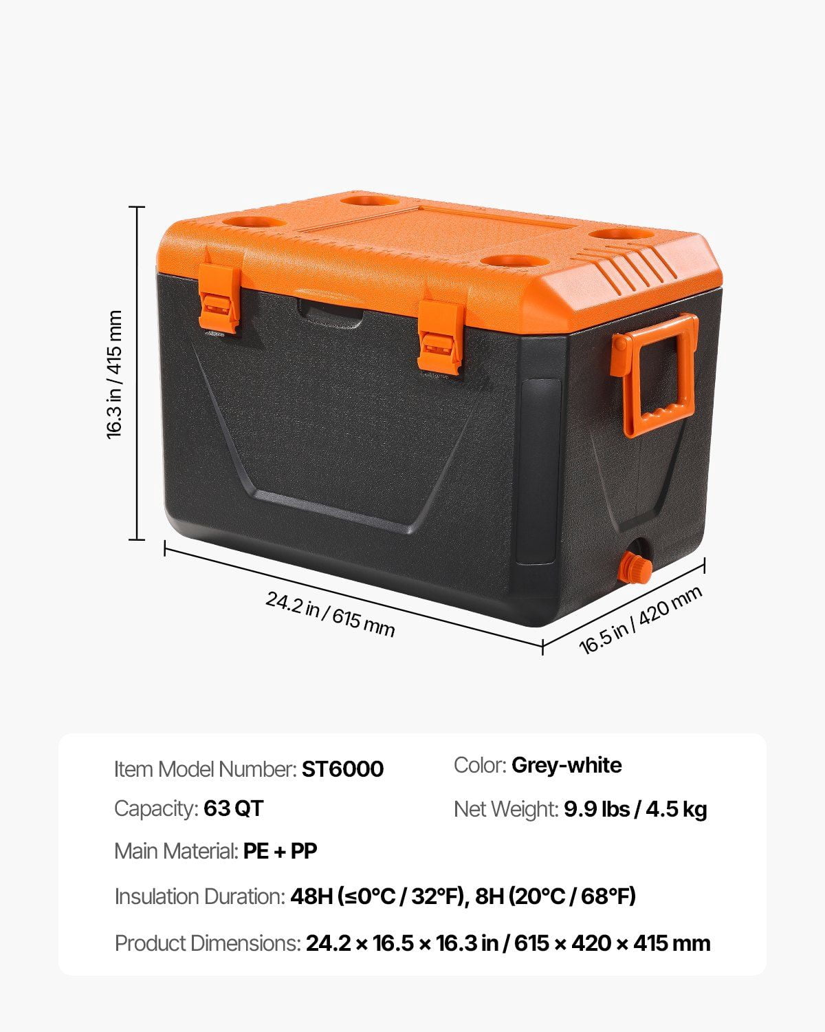 Durable 63QT Cooler for Outdoor, 90 Can Portable Ice Chest with Cup Holder & Tight Seal Lid