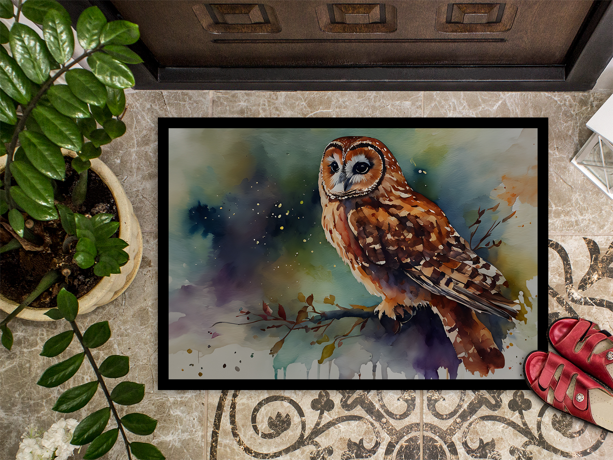 Caroline's Treasures DAC3278JMAT Tawny Owl Doormat Front Door Mat Indoor Outdoor Rugs for Entryway, Non Slip Washable Low Pile, 24H X 36W