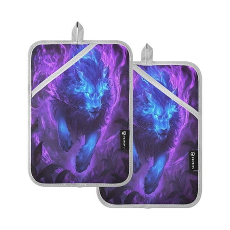

WOBOGO Purple Light Blue Lion Oven Mitts 2 Piece Heat Resistant 338 Degrees F Square Insulation Pads for A Wide Range of Cooking Occasions