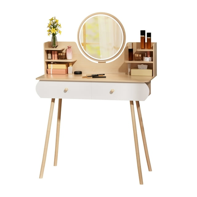 Aqzb Vanity Table Set with Mirror, Modern Makeup Vanity Dressing Desk with 2 Drawers & Shelves, Brown