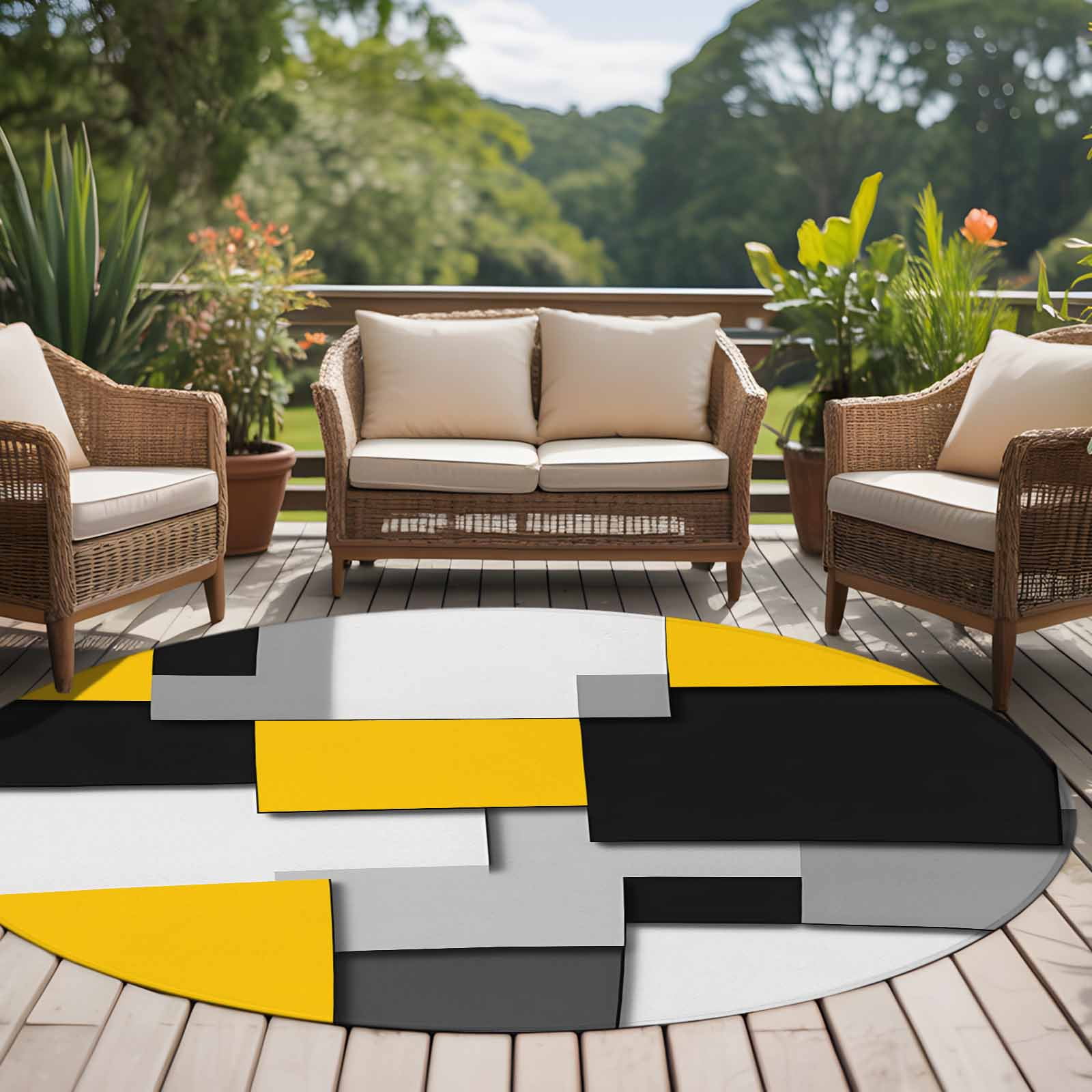 Round Rugs 6 Ft, Yellow Grey Black Geometric Non Slip Area Rugs for Kitchen Bedroom Entryway, Modern Abstract Art Washable Carpet Runner Rug Floor Mats for Bedroom Home Decor