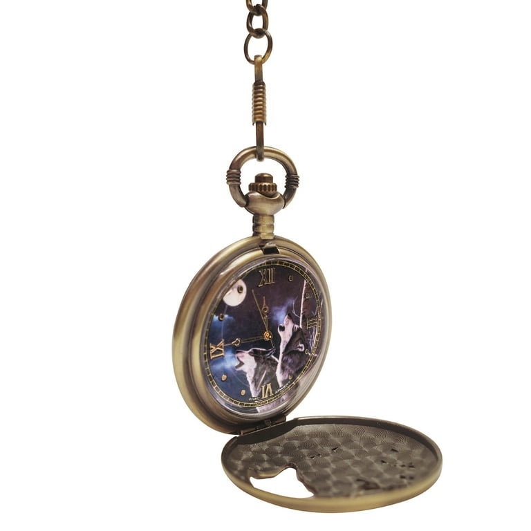 Bronze Face Men's Howling Wolves Pocket Watch Chain Ornate Wolf Quartz Mens Gift Bronze Face Men's Howling Wolves Pocket Watch Chain Ornate Wolf Quartz Mens Gift