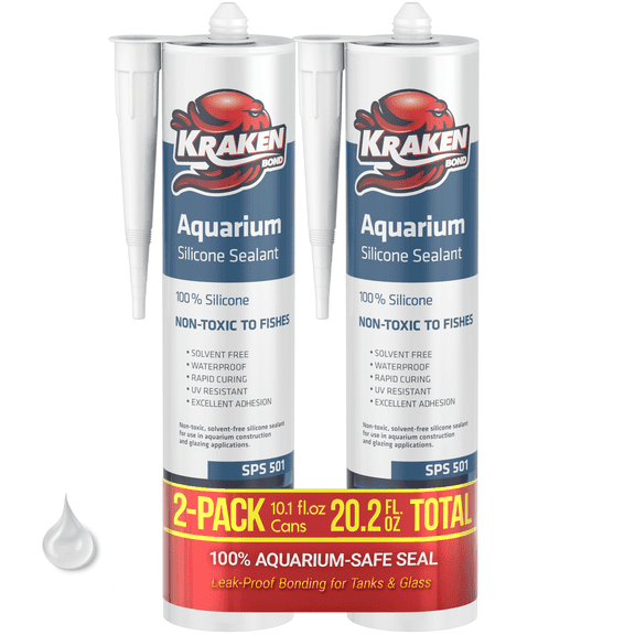 Kraken Bond Aquarium Silicone Sealant, 100% Waterproof & Non-Toxic Fish Tank Safe Silicone, Clear, 10.1 fl oz Cartridge, 2 Pack