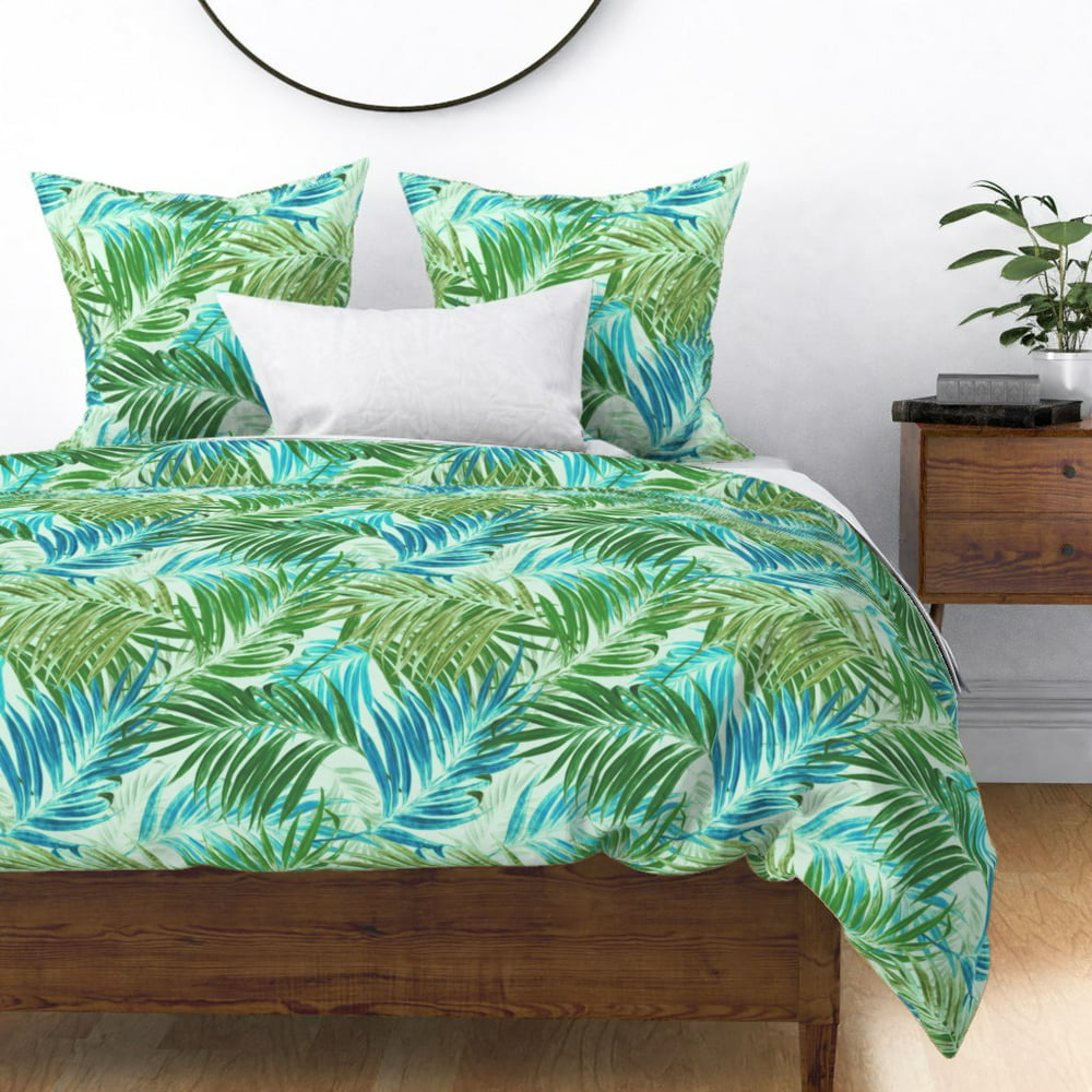 Tropical Palm Leaves Botanical Green Light Blue Sateen Duvet Cover by ...