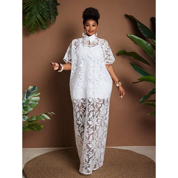 Plus Size White Floral Lace Sheer Turn-Down Collar Loose Vacation Dress