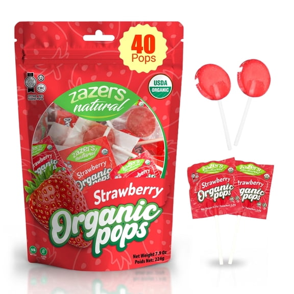 Zazers Natural Organic Strawberry Lollipops, 40 Count, USDA Organic, Kosher, Vegan