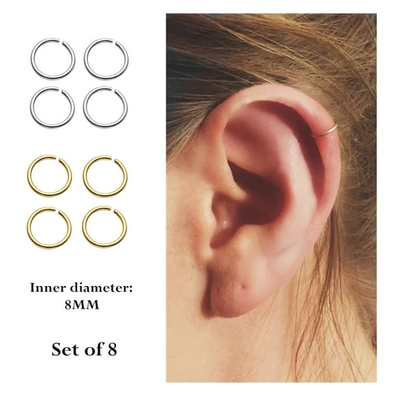 8Pcs 20g Hoop Cartilage Earring Fake Earrings Silver Gold Nose Rings Septum Piercing Jewelry Small Nose Ring Surgical Stainless Steel Body Jewelry for Women Men Girls