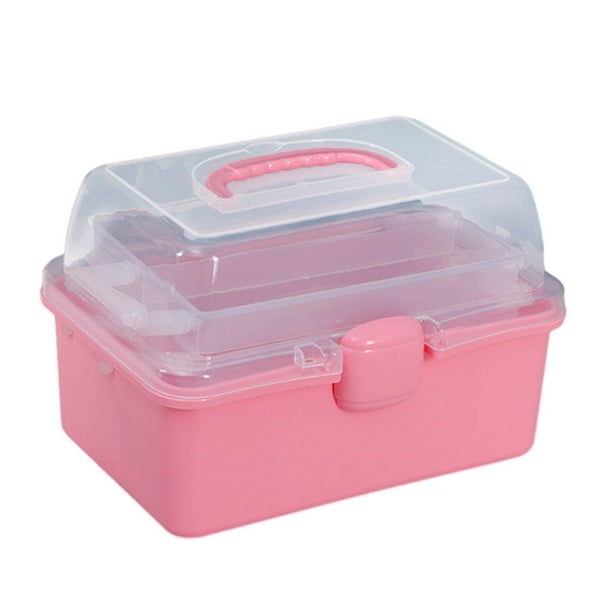 Caja de almacenamiento transparente con tapa y asa, organizador de 3 compartimentos para el hogar, 7.87'' Rosa