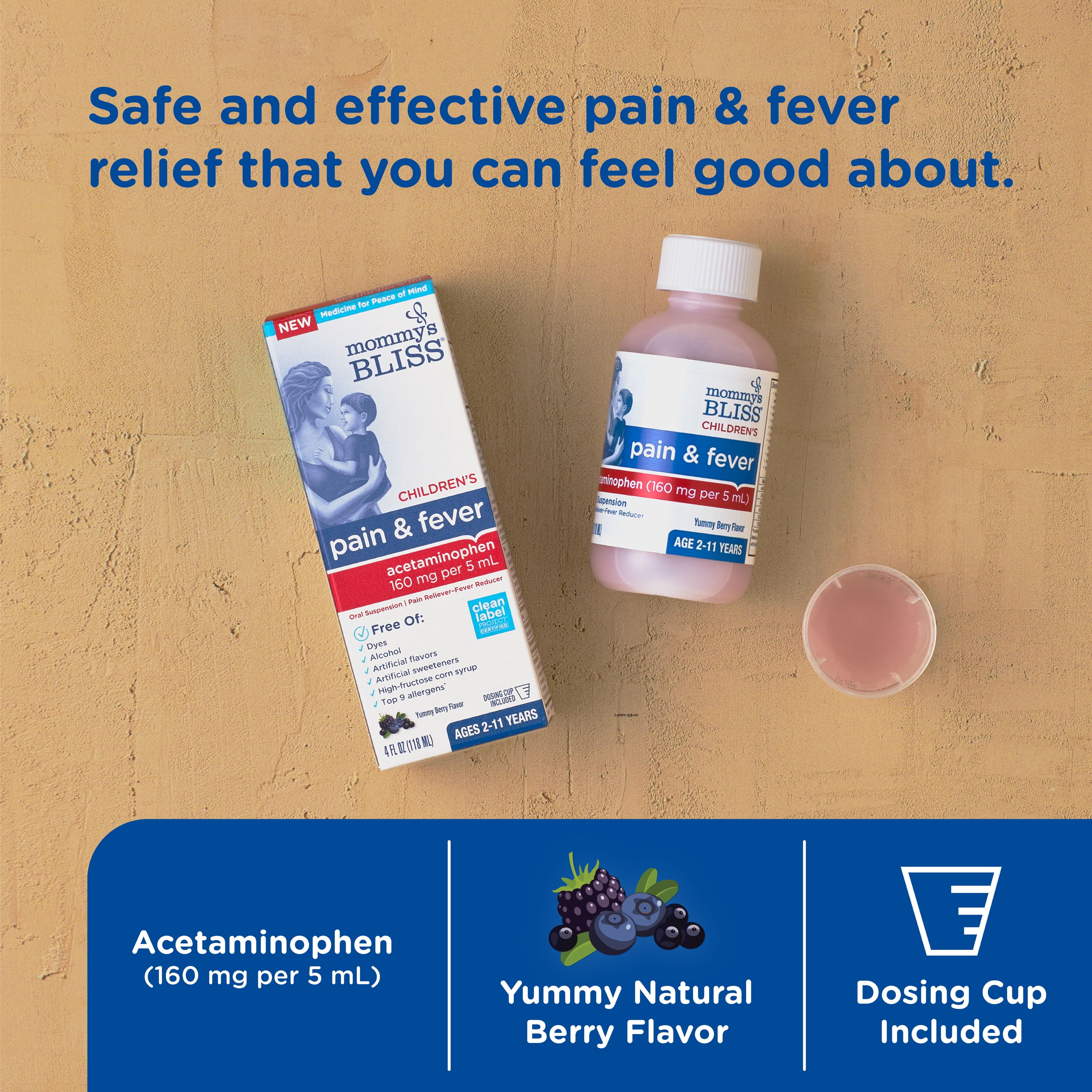 Mommy's Bliss Children's Pain & Fever Relief Liquid, Acetaminophen, Berry Flavor, Over-the-Counter, 4 fl oz