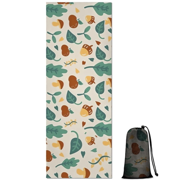 Brown Green Mushroom Fruit Leaf Beige Pattern Hot Yoga Mat Towel Non Slip for Hot Yoga - Quick-Drying Yoga Mat Cover with 4 Corner Pockets with Travel Bag - Hot Yoga Towel Non Slip 70"x26"