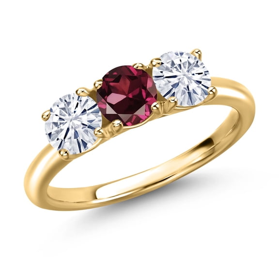 Gem Stone King 18K Yellow Gold Plated Silver Red Rhodolite Garnet and White Moissanite Engagement Ring for Women | 1.60 Cttw | Round 5MM | Gemstone January Birthstone | Size 9