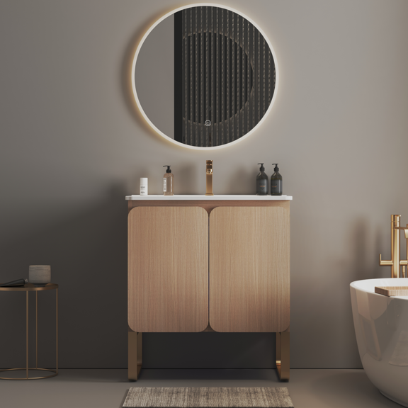 30" Freestanding & Wall Mounted Light Wood Bathroom Vanity with Ceramic Sink, Large Storage Vanity with 2 Doors and Metal Support for Modern Bathrooms, Light Oak
