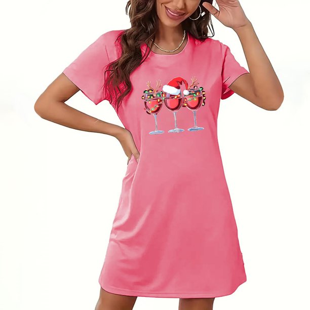 Camisón corto navideño para mujer, talla grande, cuello redondo, manga corta, estampado en el pecho, vestido de noche para mujer