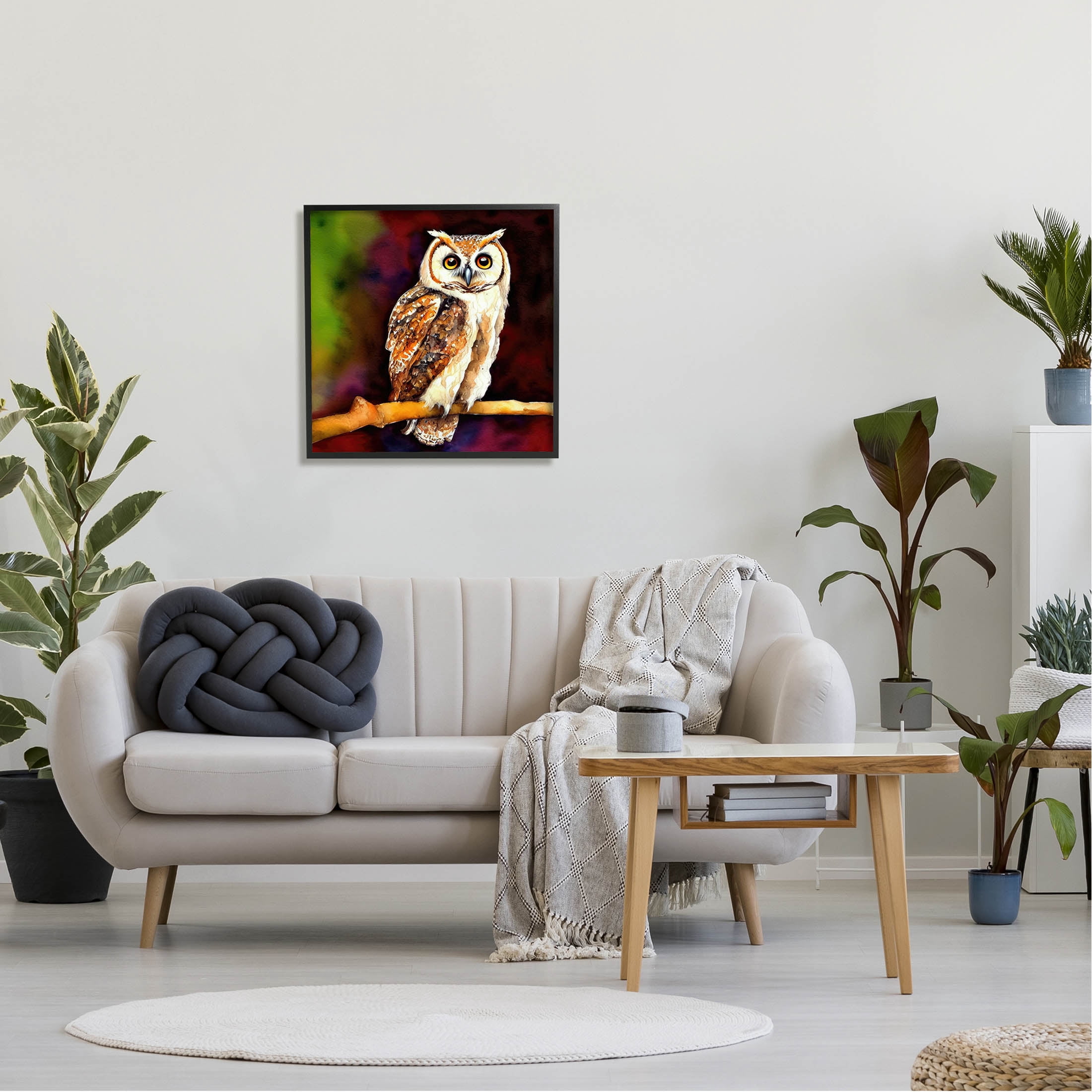 Intense Owl Gazing Perched Animals & Insects Painting Black Framed Art Print Wall Art