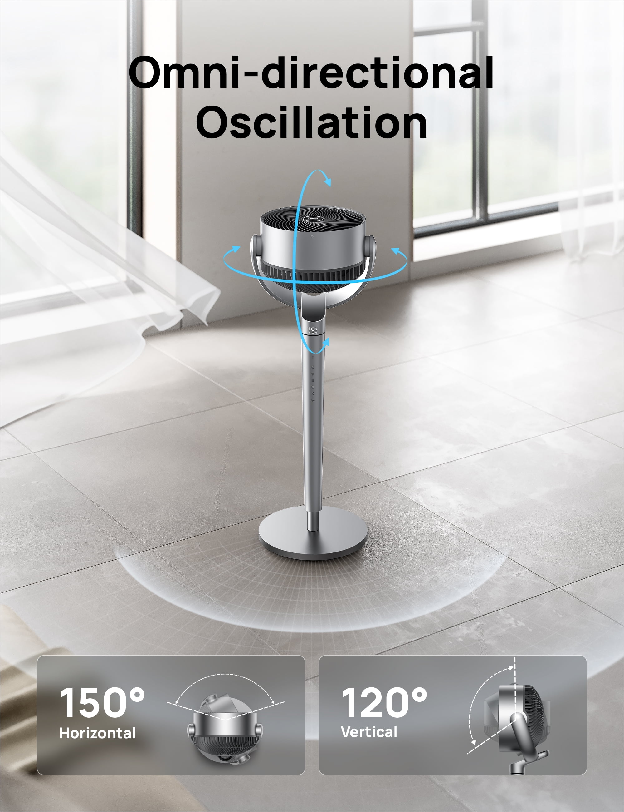 Dreo Oscillating Fan for Bedroom,150°+120° Omni-Directional Quiet Floor Fans with Smart Control, 110ft Pedestal Fan with DC Motor, 9 Speeds, 6 Modes, 43'' Inches, 12H Timer, Wi-Fi/Voice/Alexa