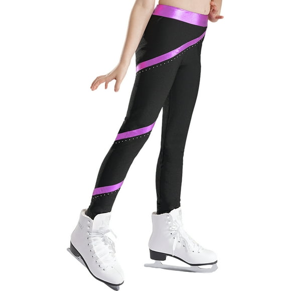 XUNZOO Kids Girls Figure Skating Leggings Gymnastics Ballet Dance Tights Yoga Pants Sports Running Bottoms Purple 12