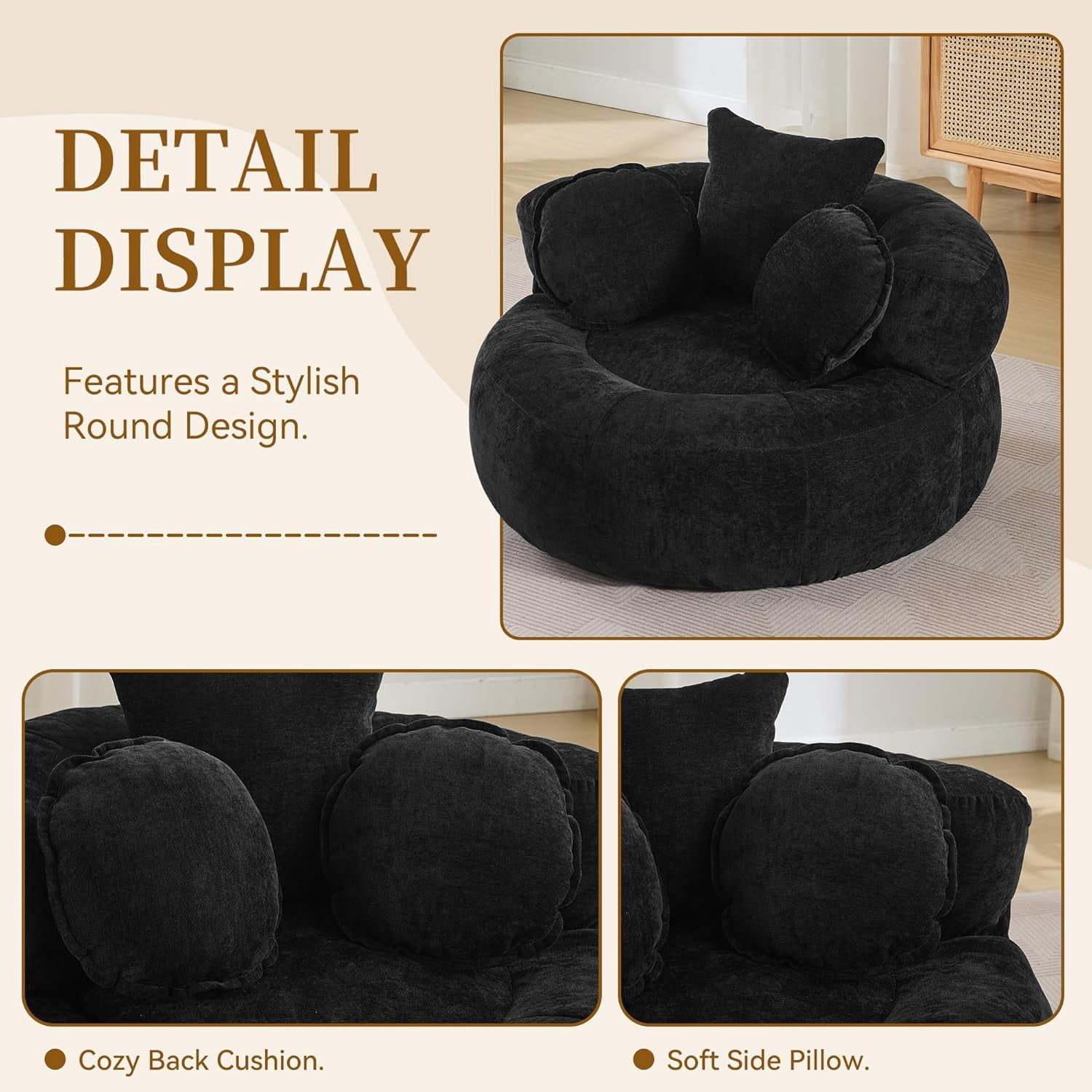 43'' Round Oversized Chaise Lounge Indoor Chair, No Assembly Chenille Compressed Circle Sofa Bed,Comfy Upholstered Sleeper Couch,Lazy Bean Bag Couch for Living Room, Bedroom,Black