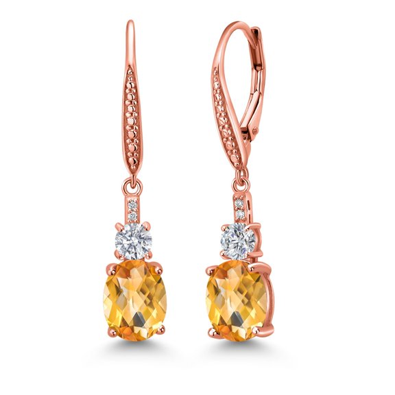 Gem Stone King 18K Rose Gold Plated Silver Yellow Citrine and White Lab Grown Diamond Dangle Earrings for Women (3.87 Cttw, Oval Checkerboard 9X7MM)