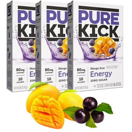 PURE KICK Hydration On the Go Drink Mix Mango Acai Powdered Water Enhancer Sugarand Guilt Free for Home Office Gym Running Indoor Outdoor Activities Hydrating Drinks 6ct Just Add Water Pack of 3