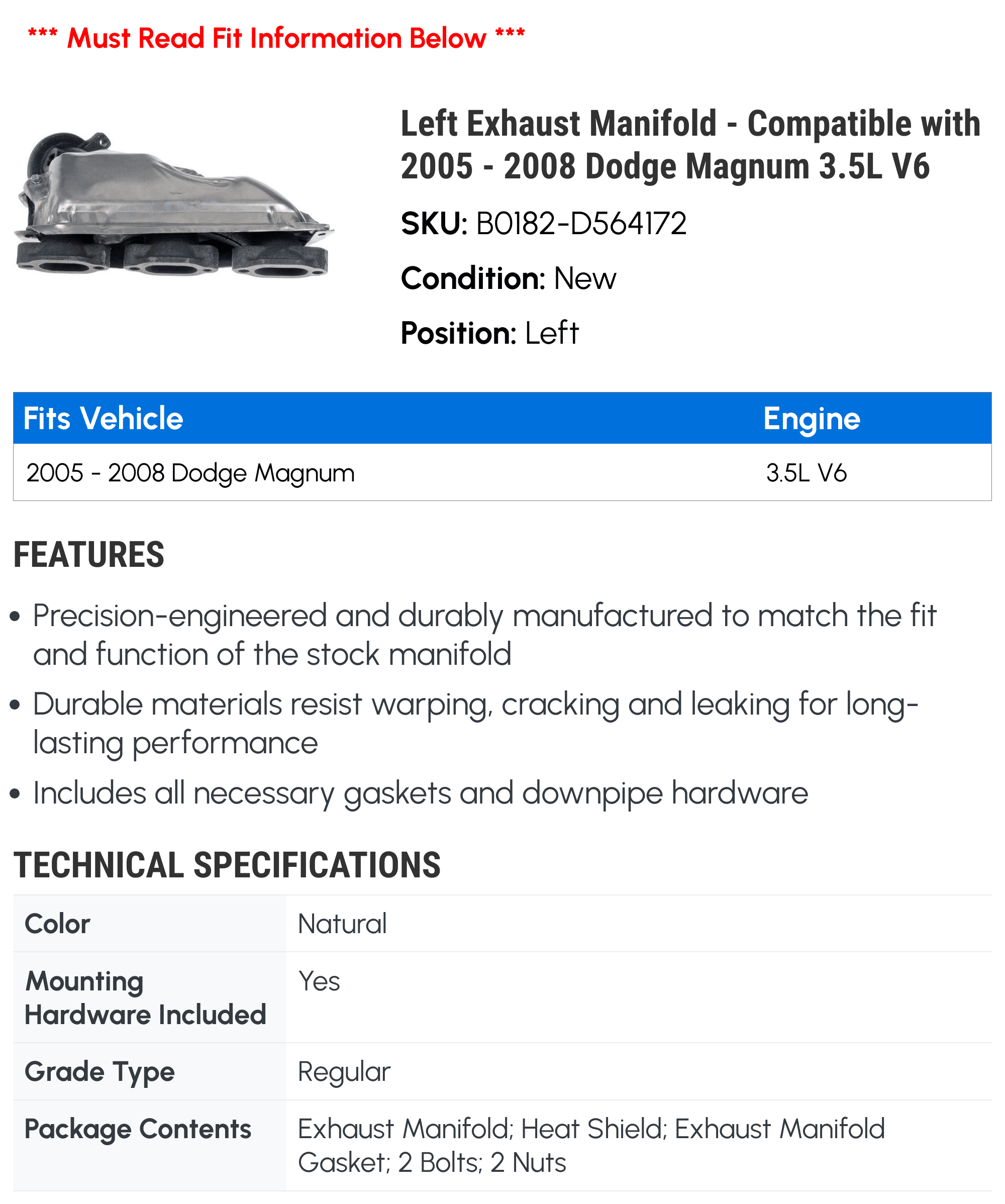 Left Exhaust Manifold - Compatible with 2005 - 2008 Dodge Magnum 3.5L V6 - Dorman