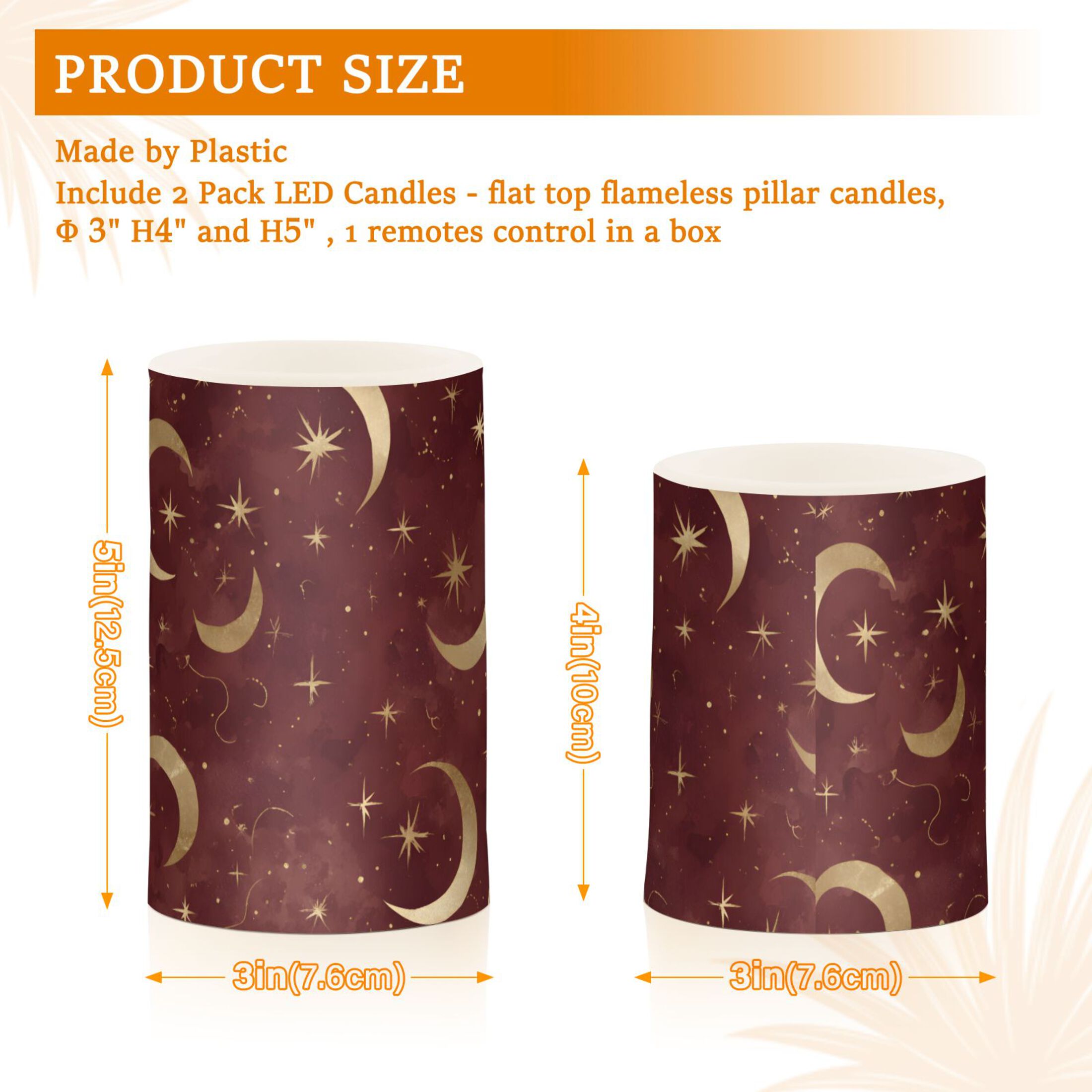 Stars and Moon Flameless LED Candle Set with Remote, Battery Operated Color Changing Pillar Candles, Set of 2