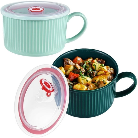 2 Pack 30oz Ceramic Soup Bowls with Lids and Handles, Microwave Safe Large Deep Ramen & Cereal Bowls for Oatmeal, Salad, Fruits (7 inch)
