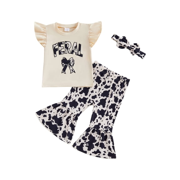 BemeyourBBs Toddler Baby Girls Western Cowgirl Outfits Spring Summer Clothes Cow Print Bow Flying Sleeve Tops with Bell Bottom Flare Pants Set Headband
