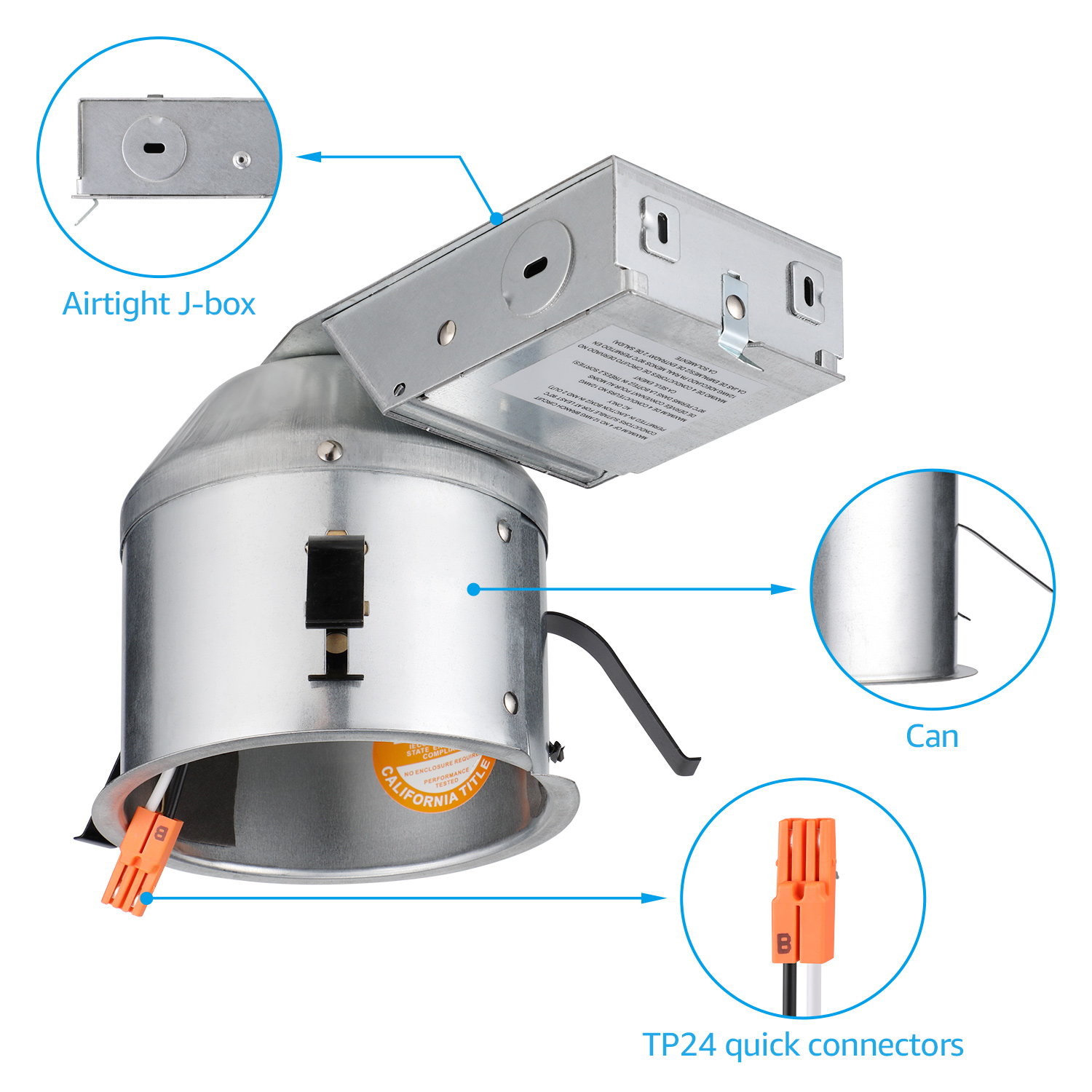 4 Inch IC Rated Air Tight Remodel Shallow LED Recessed Housing Can, 120-277V Max 15W Compatible, TP24 Connector, ETL Certified, Damp Location Rated
