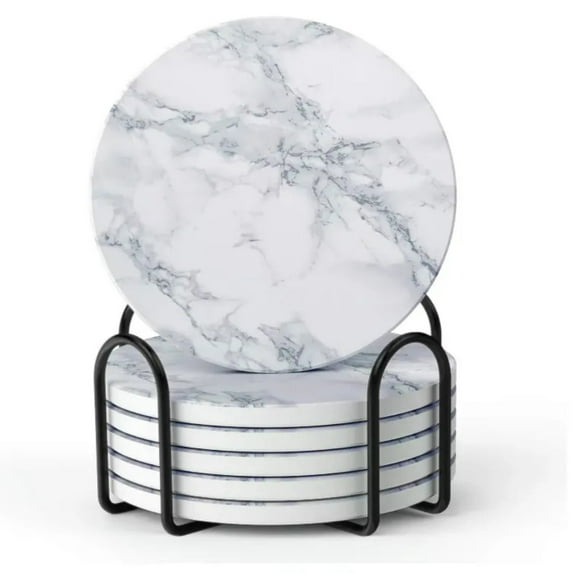 huhao Coasters for Drinks, White Marble-Style Absorbent Coasters with Holder, Housewarming Gifts for Home Decor, Suitable for Kinds of Cups, 4 Inches, Set of 6